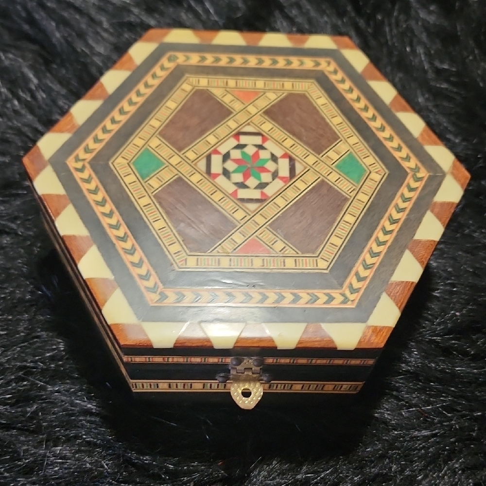 Hexagonal Wooden Jewelry Box with Geometric Inlay and Mirror.  VINTAGE.